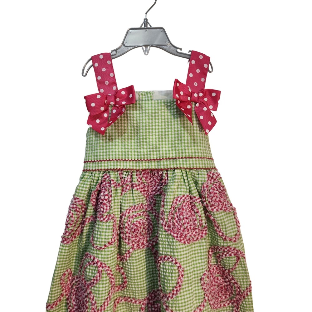 Bonnie Jean Girls Dress Size 5 Green Pink Gingham Bow Sleeveless Party Cute